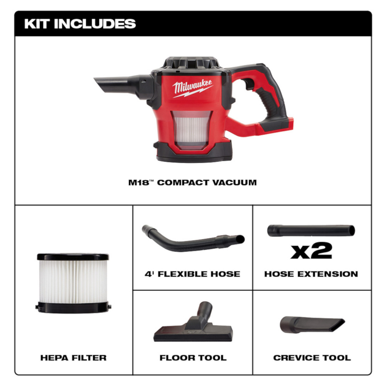 Milwaukee 0882-20 M18 Compact Vacuum (Tool Only) with accessories