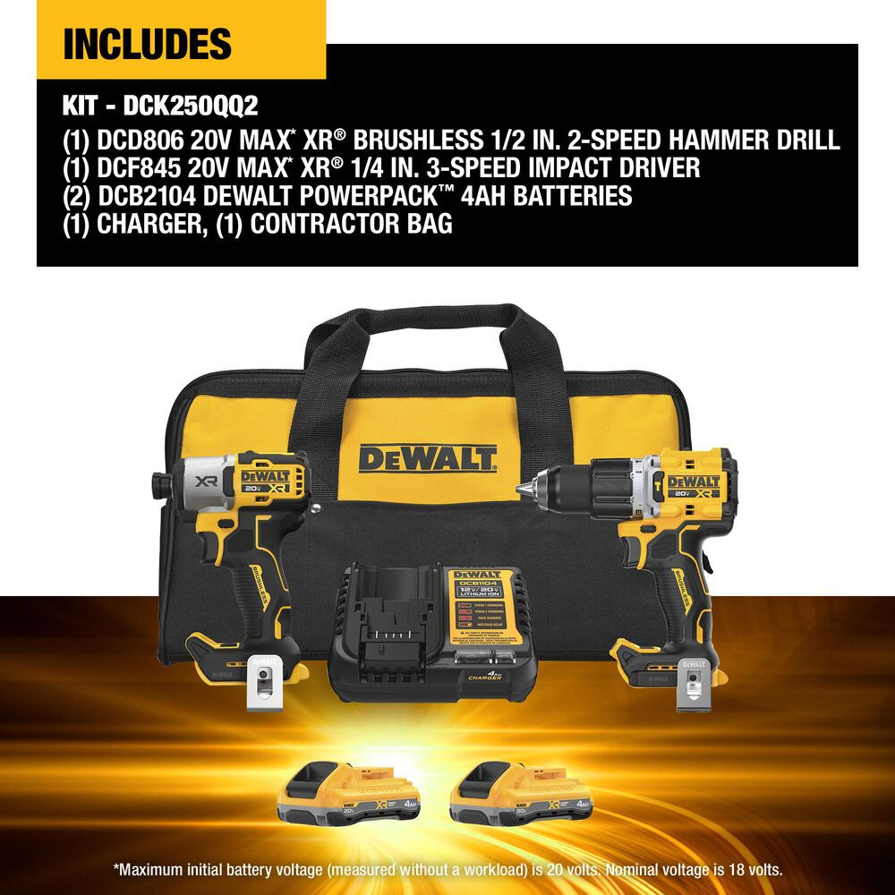 DeWalt DCK250QQ2 20V MAX  XR 2-Tool Cordless Brushless 1/2 inch Hammer Drill/Driver & 1/4 inch 3-Speed Impact Driver Combo Kit