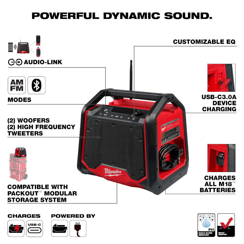 Milwaukee 2956-20 M18 Cordless Bluetooth Jobsite Radio + Charger (Tool Only)