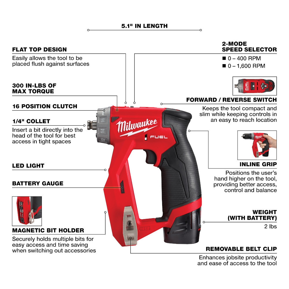 Milwaukee 2505-22 M12 FUEL 12V Cordless Brushless 4-in-1installation 3/8" Drill Driver Kit