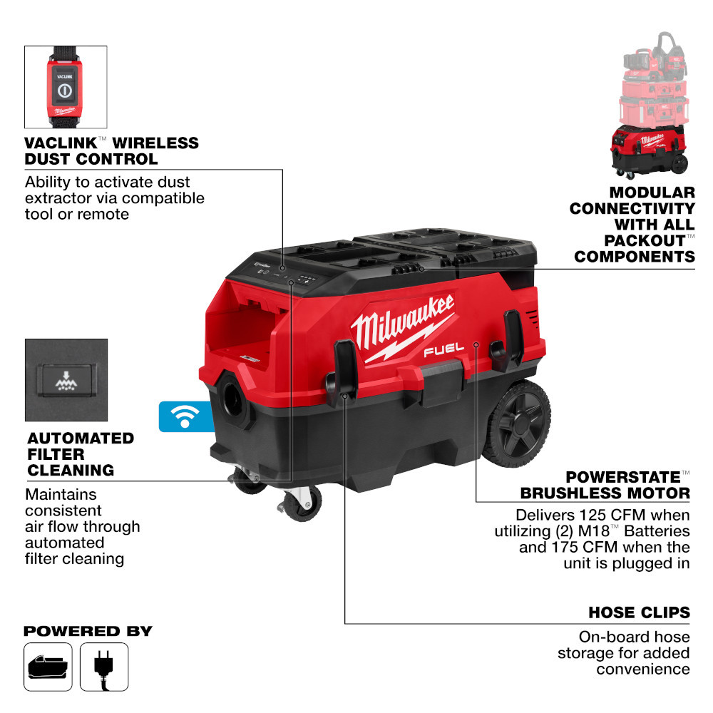 Milwaukee 0888-20 M18 FUEL Cordless Brushless 9 Gallon Dual Battery Dust Extractor with PACKOUT Compatibility and VACLINK (Tool Only)