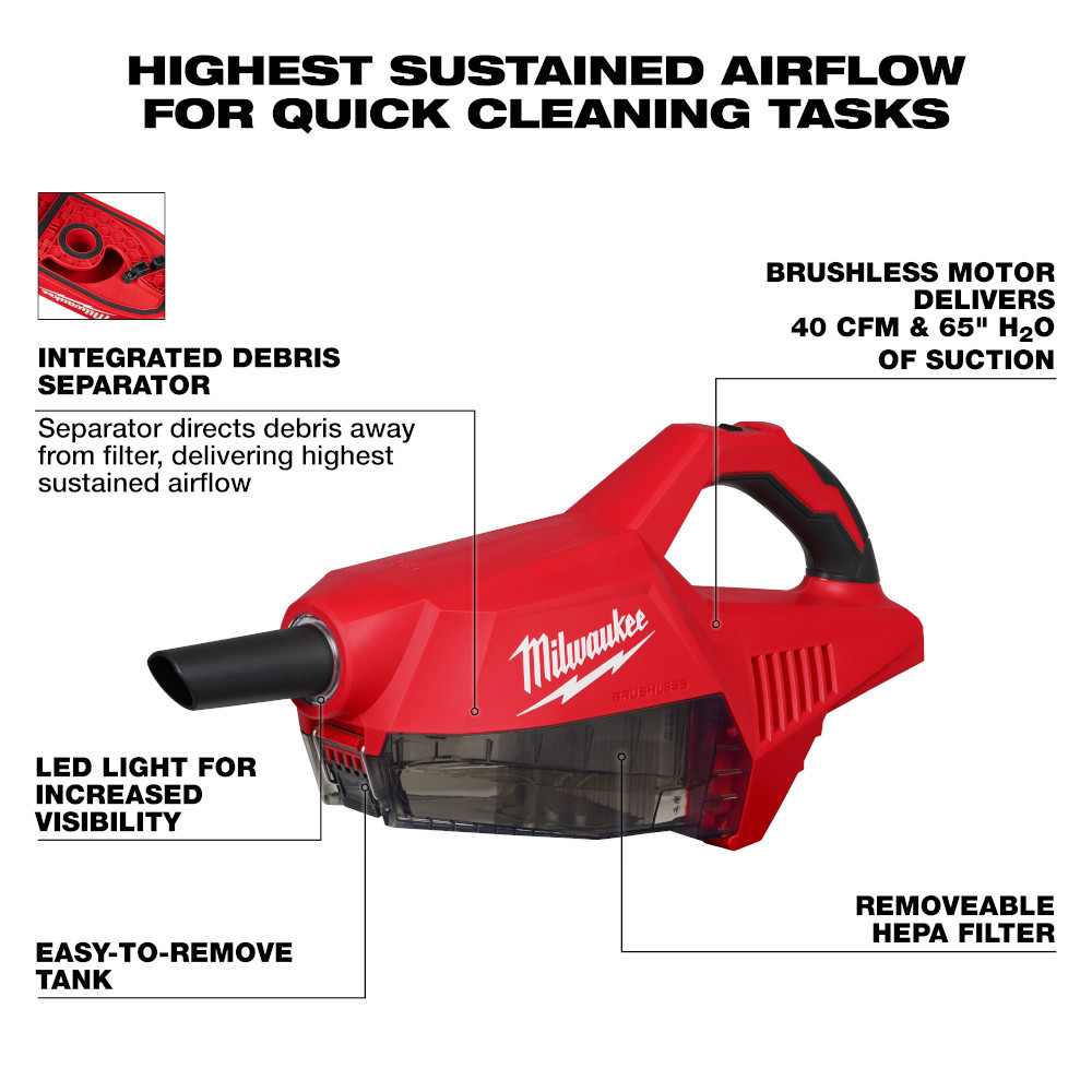 Milwaukee 0892-20 M18 Cordless Brushless Handheld Vacuum with Hepa Filter (Tool Only)