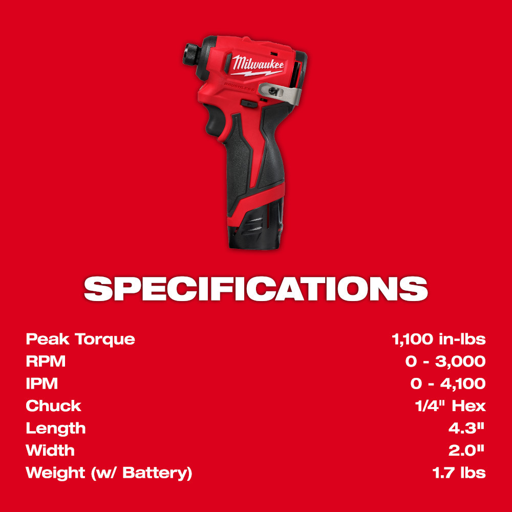 Milwaukee 3450-22 M12 Cordless Brushless Subcompact 1/4 inch Hex Impact Driver Kit