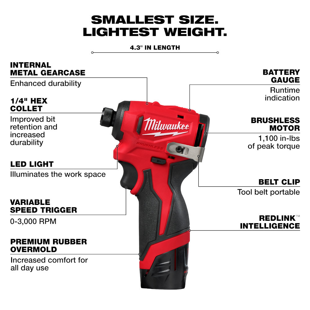 Milwaukee 3450-22 M12 Cordless Brushless Subcompact 1/4 inch Hex Impact Driver Kit
