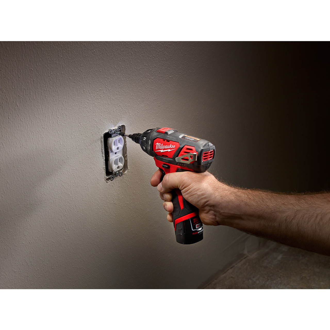 Milwaukee 2401-22 M12 1/4 inch Hex Screwdriver installing an electrical outlet Milwaukee 2401-22 M12 1/4 inch Hex Screwdriver installing an electrical outlet