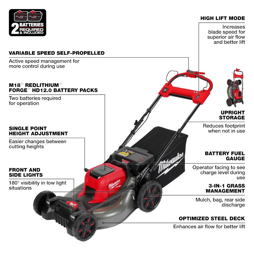 Milwaukee 2823-22HD M18 FUEL Cordless Brushless 21 Inch Self-Propelled Dual Battery Mower Kit