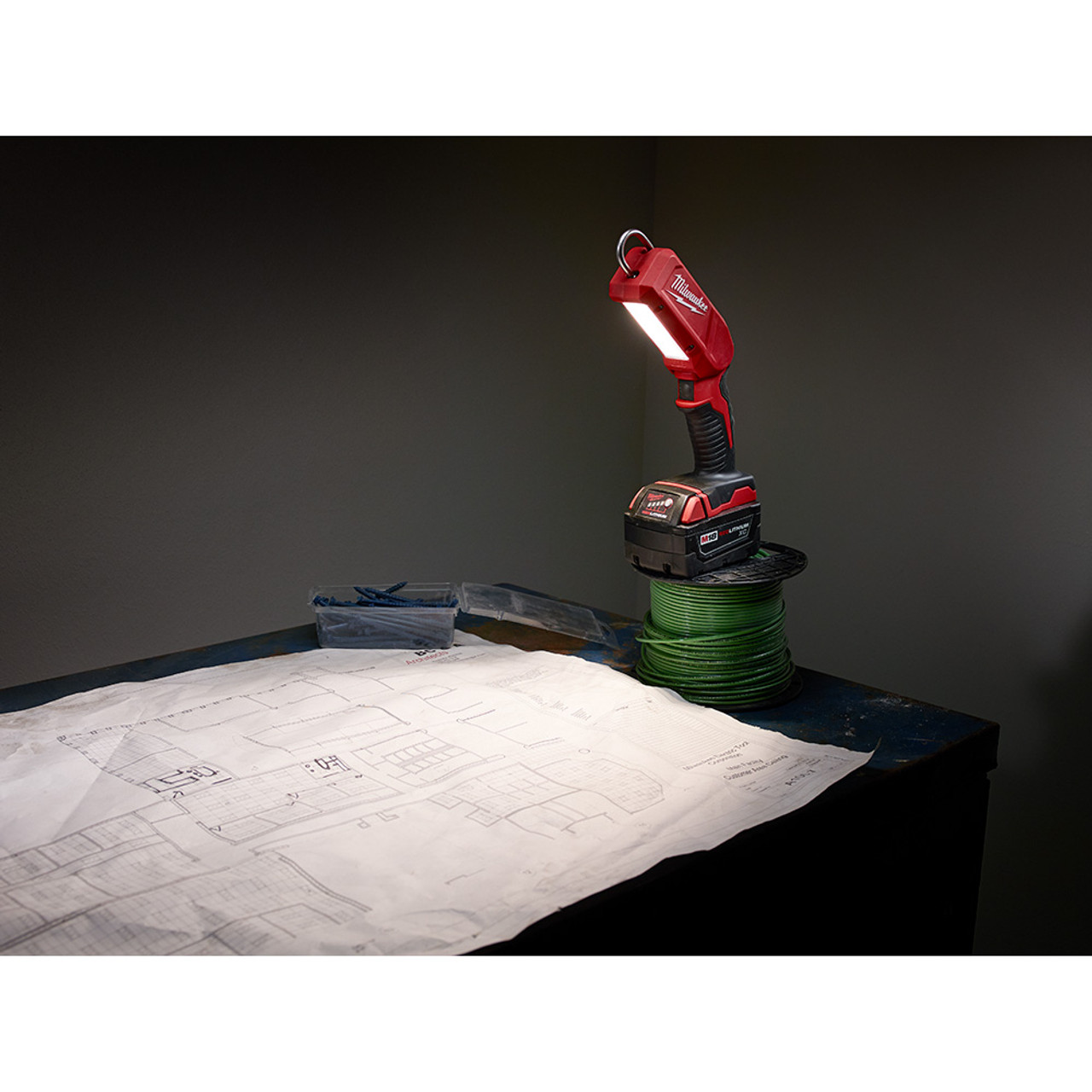 Milwaukee 2352-20 M18 LED Stick Light illuminating work area while freestanding (battery sold separately)
