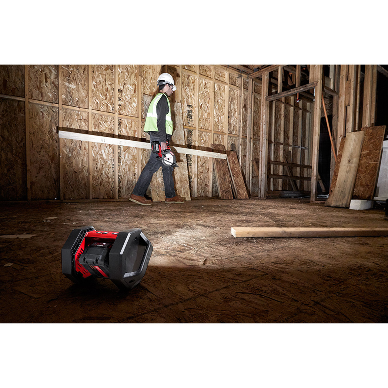 Milwaukee 2361-20 M18 ROVER LED Flood Light illuminating workspace (battery sold separately)