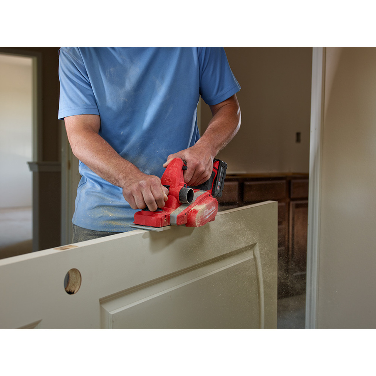 Milwaukee 2623-20 M18 3-1/4 inch Planer shaving wooden door (battery sold separately) Milwaukee 2623-20 M18 3-1/4 inch Planer shaving wooden door (battery sold separately)