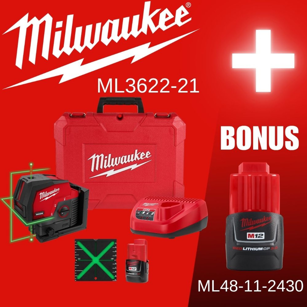 Milwaukee 3622-21 M12 Green Cross-Line and Plumb Points Laser Level