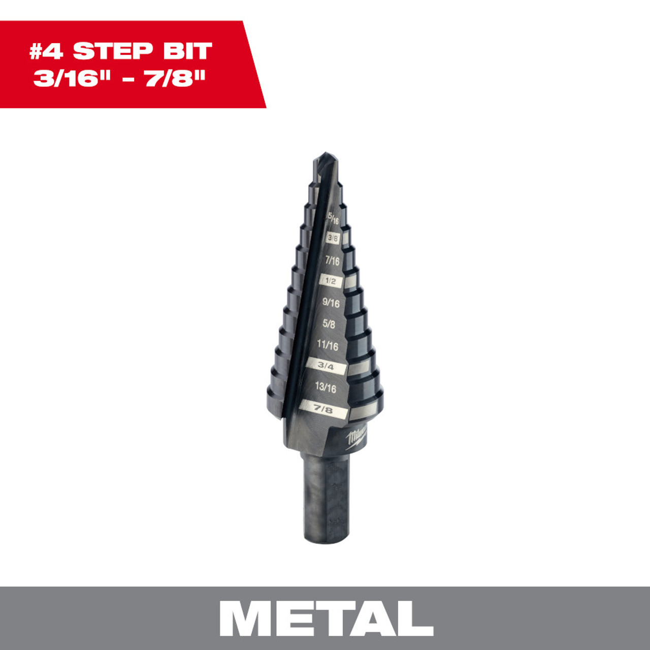 Milwaukee 48-89-9204 #4 Step Drill Bit (3/16 inch - 7/8 inch) - 12 Steps 1/16 inch increments Milwaukee 48-89-9204 #4 Step Drill Bit (3/16 inch - 7/8 inch) - 12 Steps 1/16 inch increments