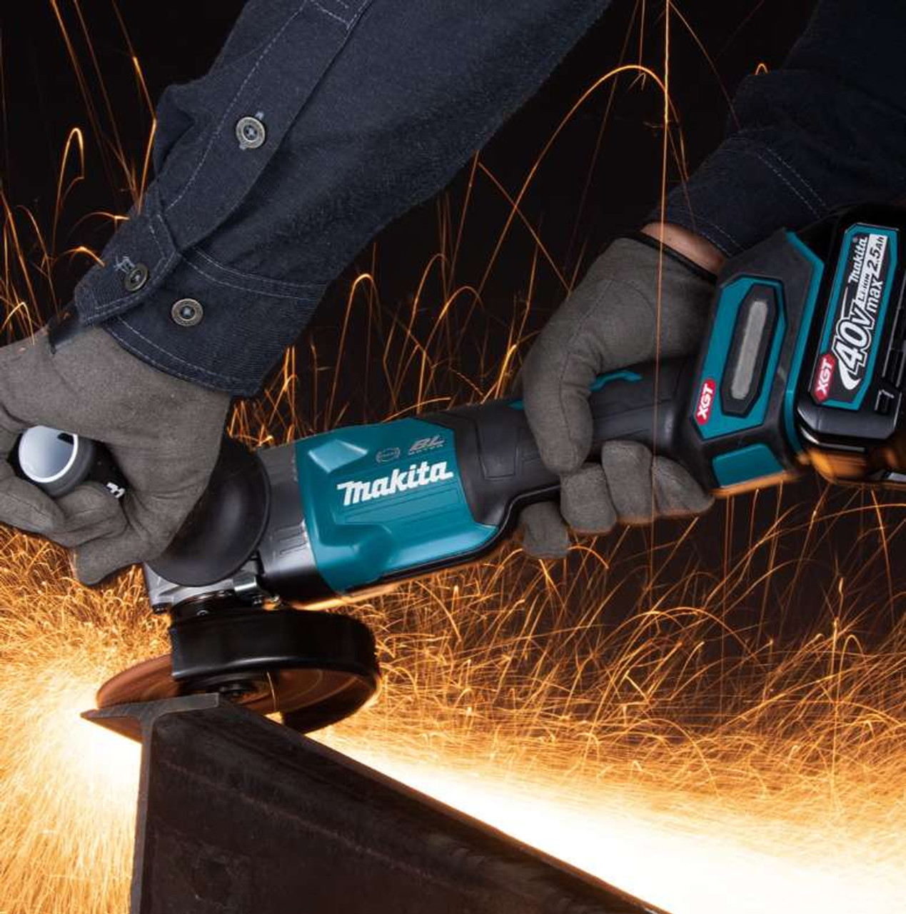 Makita GA029GZ 40V XGT Brushless Variable Speed 5 inch Angle Grinder - Paddle Switch grinding metal (battery sold separately) Makita GA029GZ 40V XGT Brushless Variable Speed 5 inch Angle Grinder - Paddle Switch grinding metal (battery sold separately)