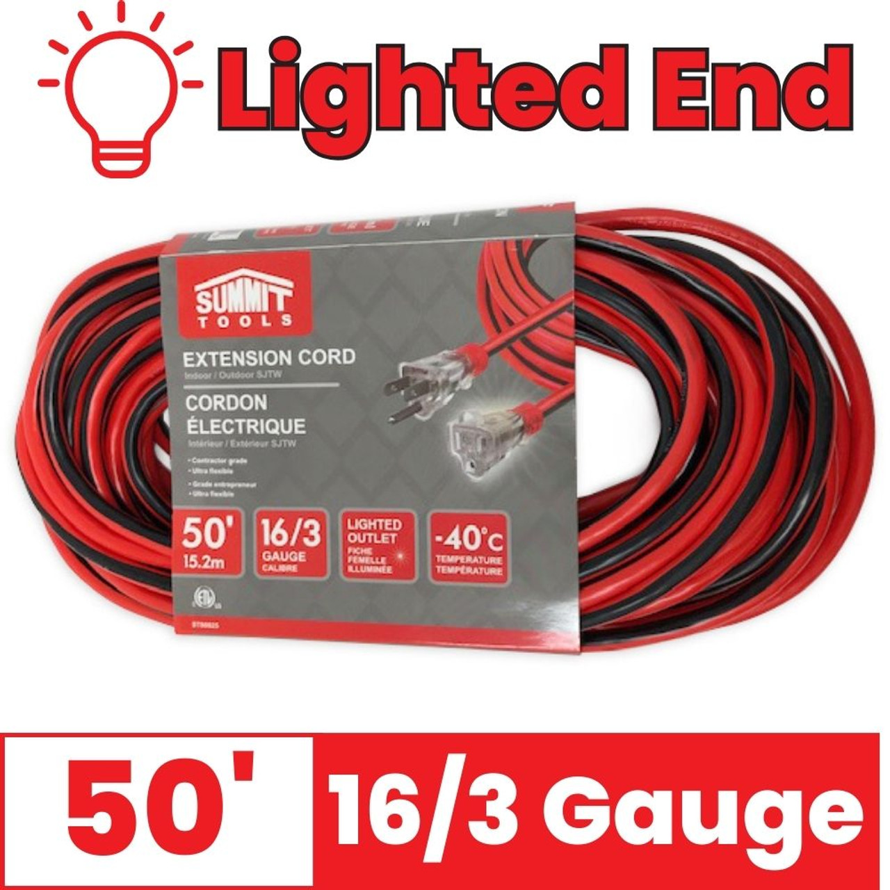 Summit ST80025 50 foot 16/3 Gauge All-Weather Extension Cord with Lighted End
