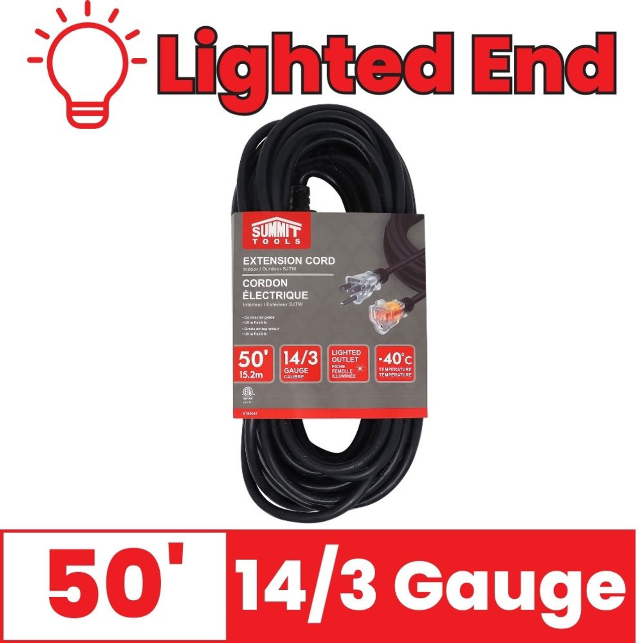 Summit ST80047 Black 50 foot 14/3 Gauge All-Weather Extension Cord with Lighted End