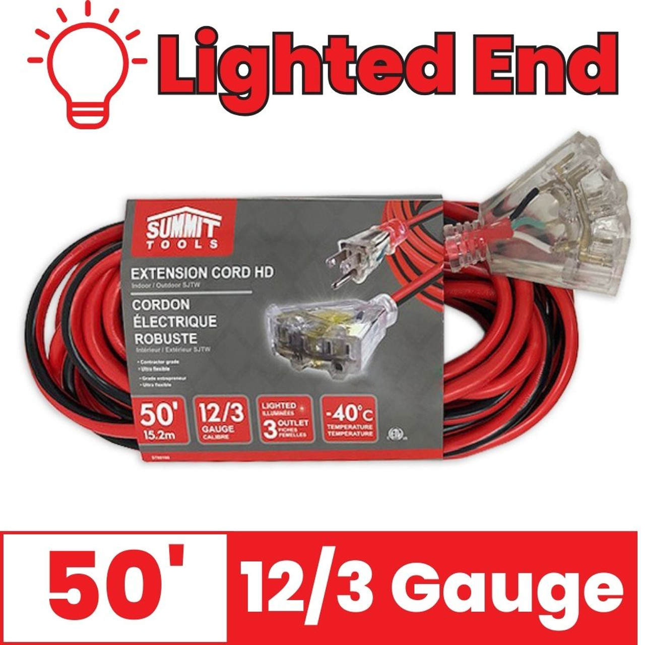 Summit ST80100 50 foot 12/3 Gauge All-Weather Tri Tap Extension Cord with Lighted End