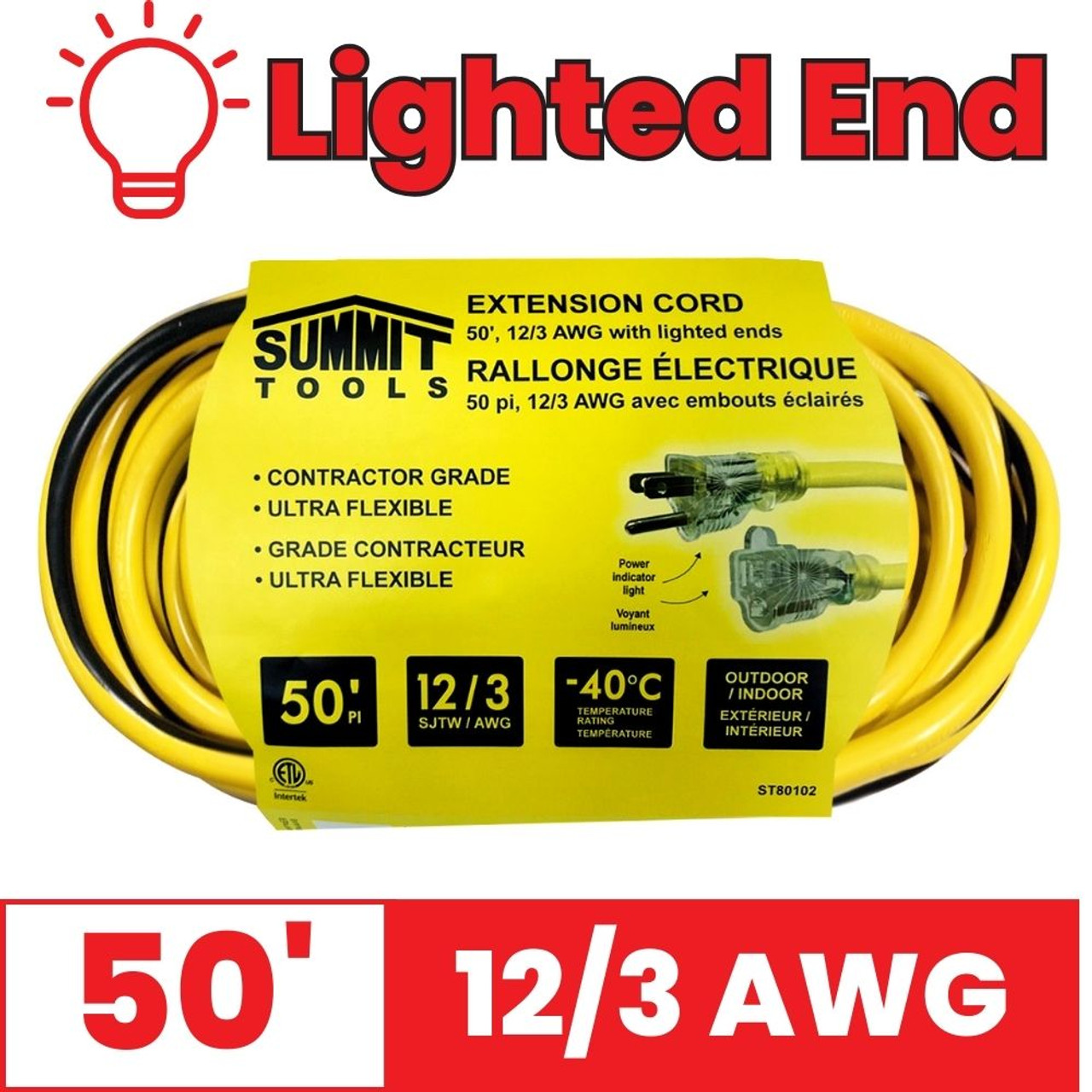 Summit ST80102 50 foot 12/3 AWG All-Weather Yellow Extension Cord with Lighted End