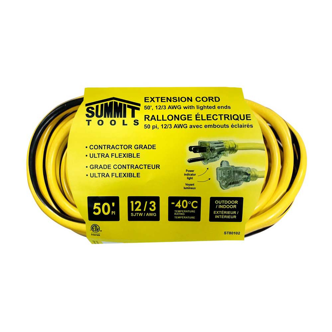 Summit ST80102 50 foot 12/3 AWG All-Weather Yellow Extension Cord with Lighted End