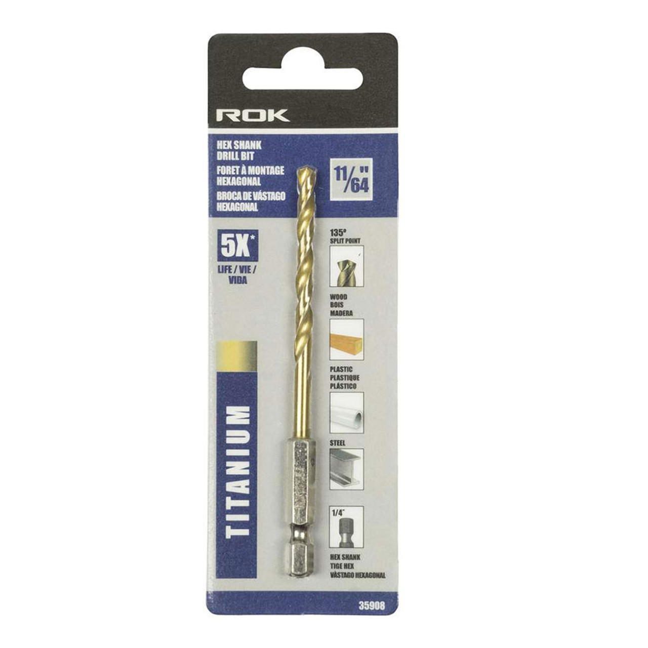 ROK 35908 11/64 Inch Hex Shank Titanium Drill Bit ROK 35908 11/64 Inch Hex Shank Titanium Drill Bit