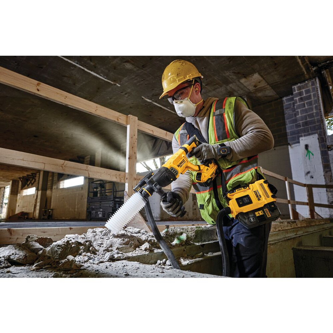 DeWalt DCH263B 20V MAX 1-1/8 inch Brushless SDS Plus D-Handle Rotary Hammer drilling into concrete (battery sold separately)