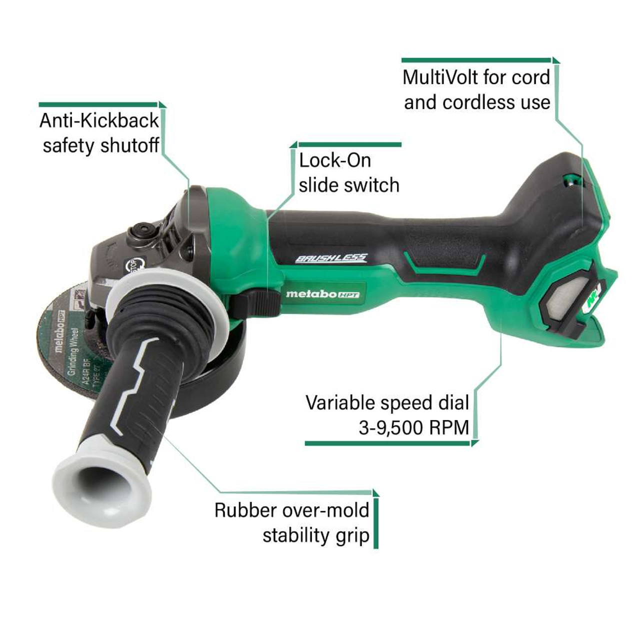 Metabo HPT G3612DAQ6M MultiVolt 36V Brushless 4-1/2 Inch Slide Switch Angle Grinder (Tool Only)