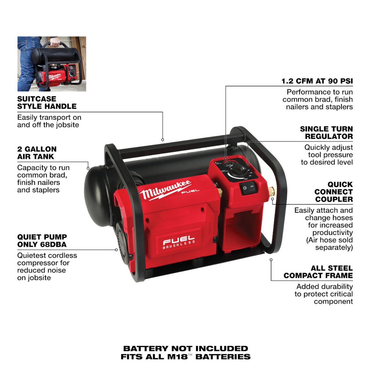 Milwaukee 2840-20 M18 FUEL Brushless 2 Gallon Compact Quiet Compressor (Tool Only)
