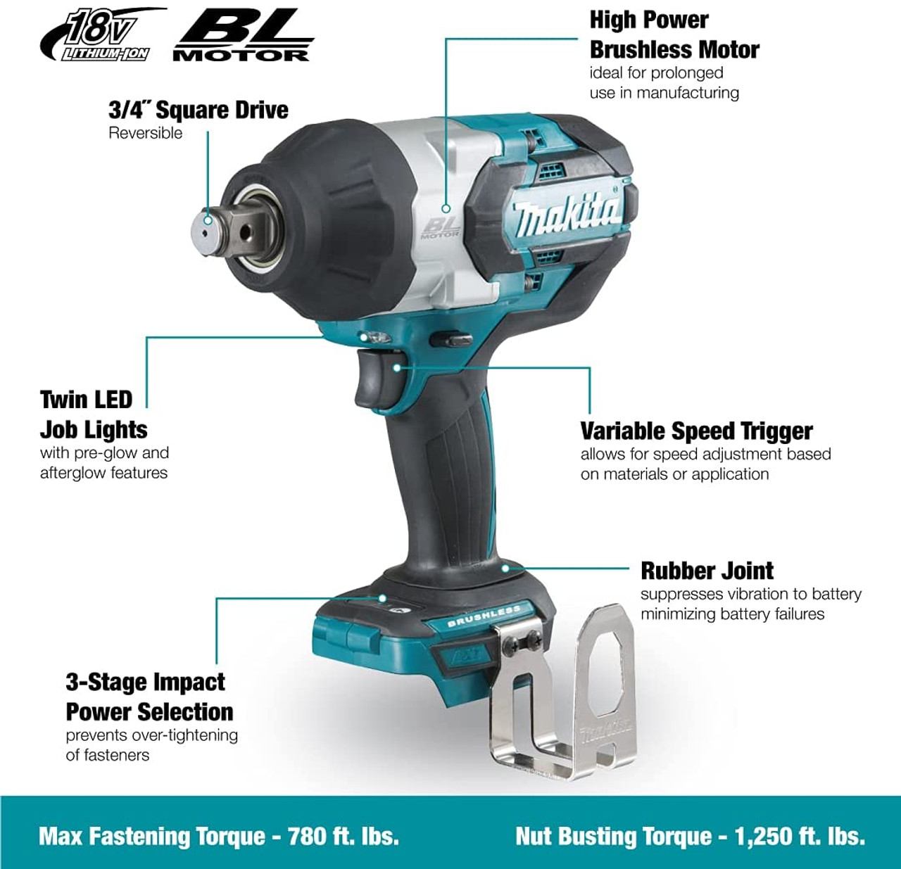 Makita DTW701XVZ 18V 1/2 inch Mid-Torque Brushless Impact Wrench - Detent Pin (Tool Only)