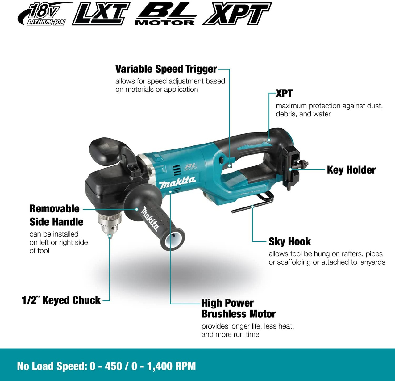 Makita DDA450Z 18V 1/2 inch Angle Drill with Brushless Motor (Tool Only)