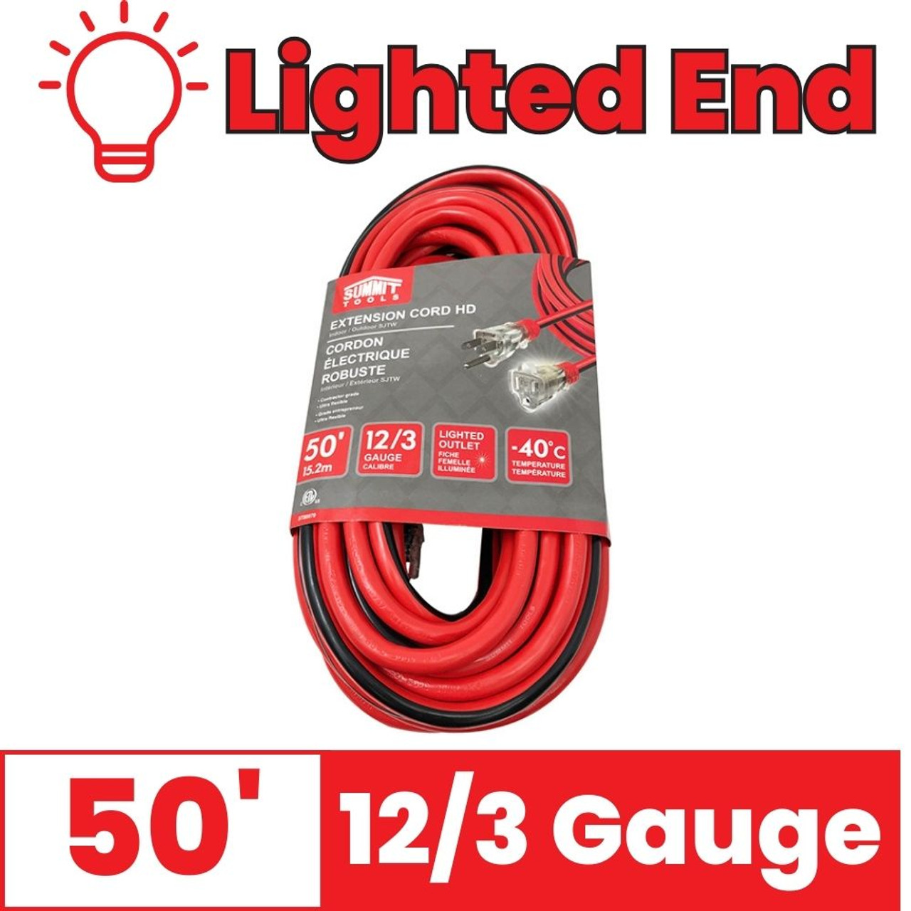 Summit ST80070 50 ft 12/3 Gauge All-Weather Extension Cord with Lighted End