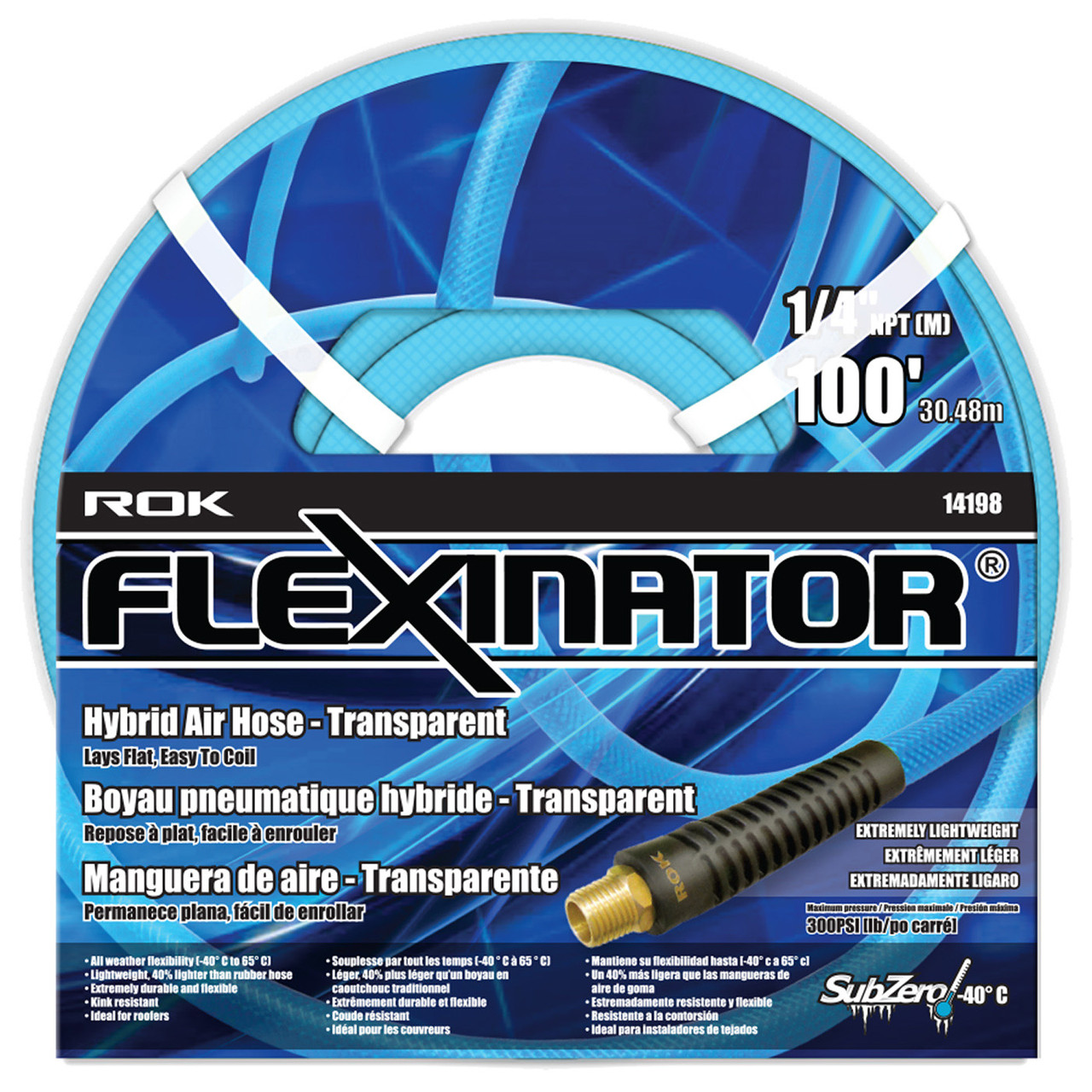 ROK 14198 1/4 inch x 100 feet FLEXINATOR Hybrid Air Hose - Transparent
