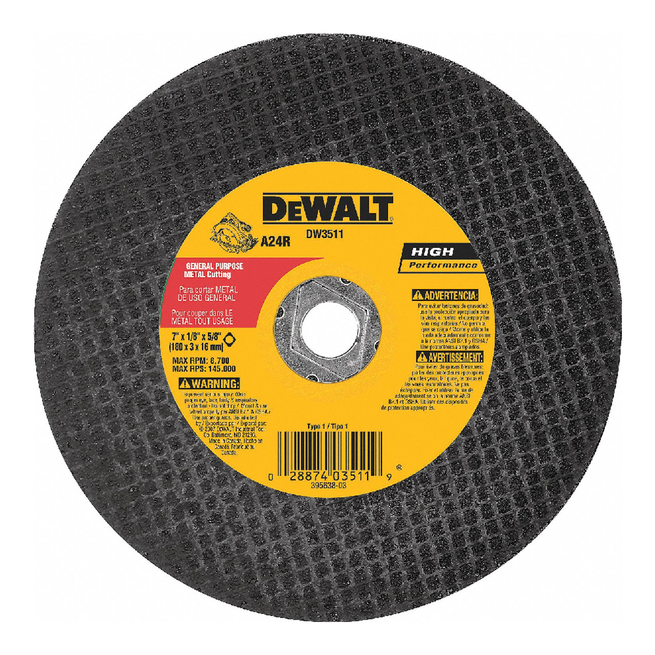 DeWalt DW3511 7 Inch x 1/8 Inch x 5/8 Inch Type 1 HP Metal Cutting Abrasive Saw Blade DeWalt DW3511 7 Inch x 1/8 Inch x 5/8 Inch Type 1 HP Metal Cutting Abrasive Saw Blade