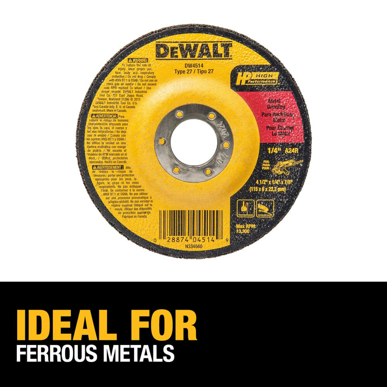 DeWalt DW4514 4-1/2 Inch x 1/4 Inch x 7/8 Inch Type 27 HP Metal Grinding Wheel DeWalt DW4514 4-1/2 Inch x 1/4 Inch x 7/8 Inch Type 27 HP Metal Grinding Wheel