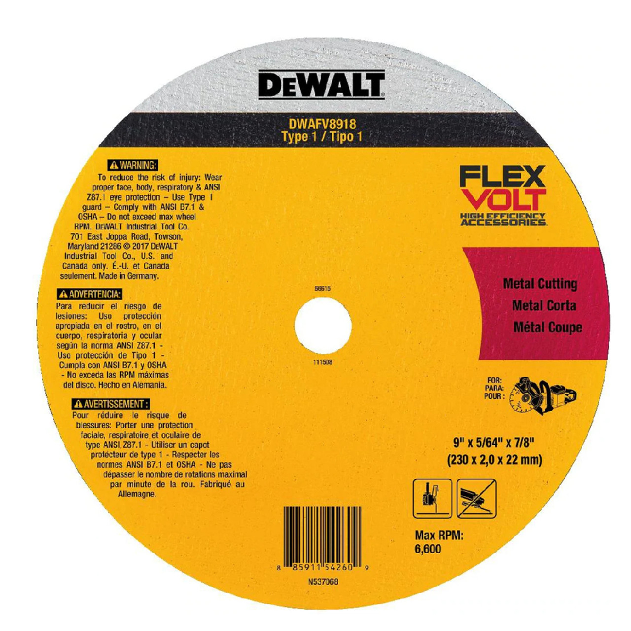 DeWalt DWAFV8918 9 Inch x 5/64 Inch x 7/8 Inch Type 1 FLEXVOLT Ceramic Metal Cutting Cut-Off Wheel