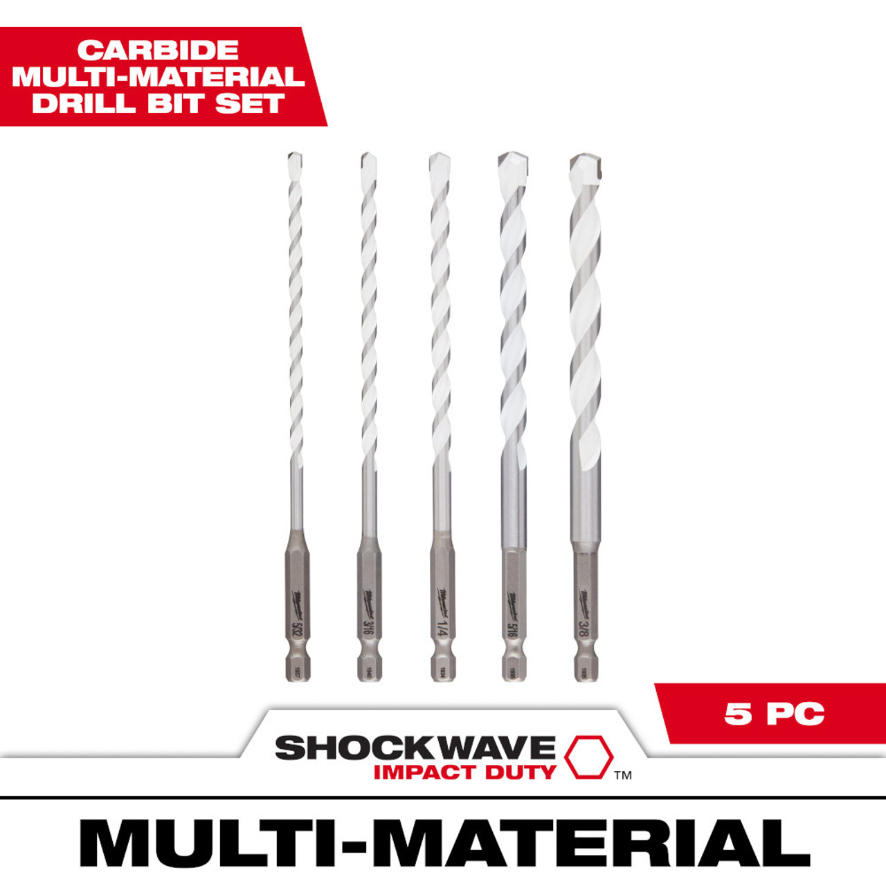 Milwaukee 48-20-8898 5pc SHOCKWAVE Carbide Multi-Material Drill Bit Set