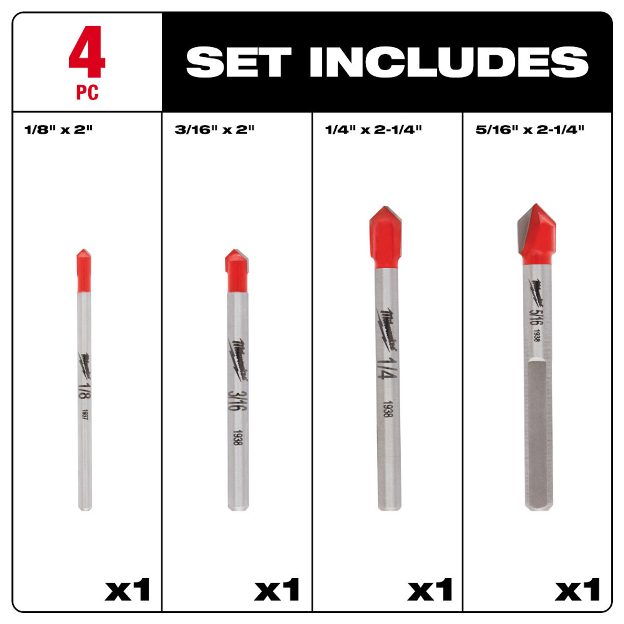 Milwaukee 48-20-8988 4pc Glass and Tile Bit Set