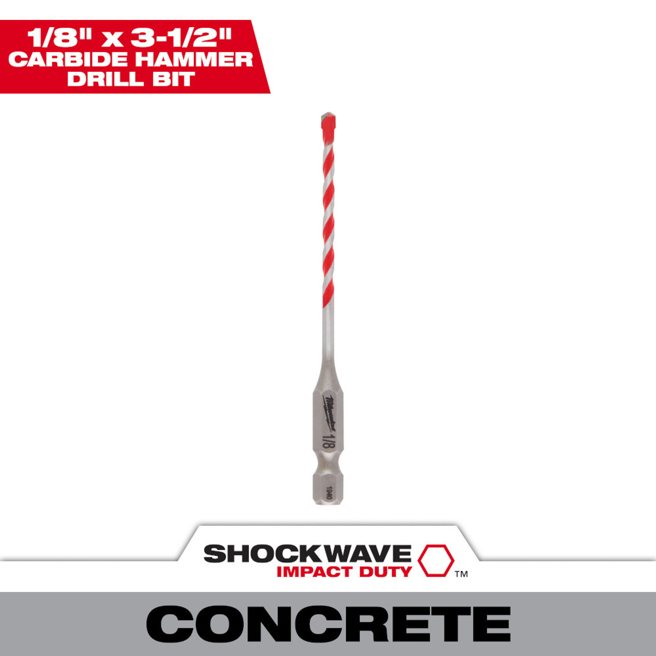 Milwaukee 48-20-9000 SHOCKWAVE 1/8-inch x 2-inch x 3-1/2-inch Carbide Hammer Drill Bit Milwaukee 48-20-9000 SHOCKWAVE 1/8-inch x 2-inch x 3-1/2-inch Carbide Hammer Drill Bit