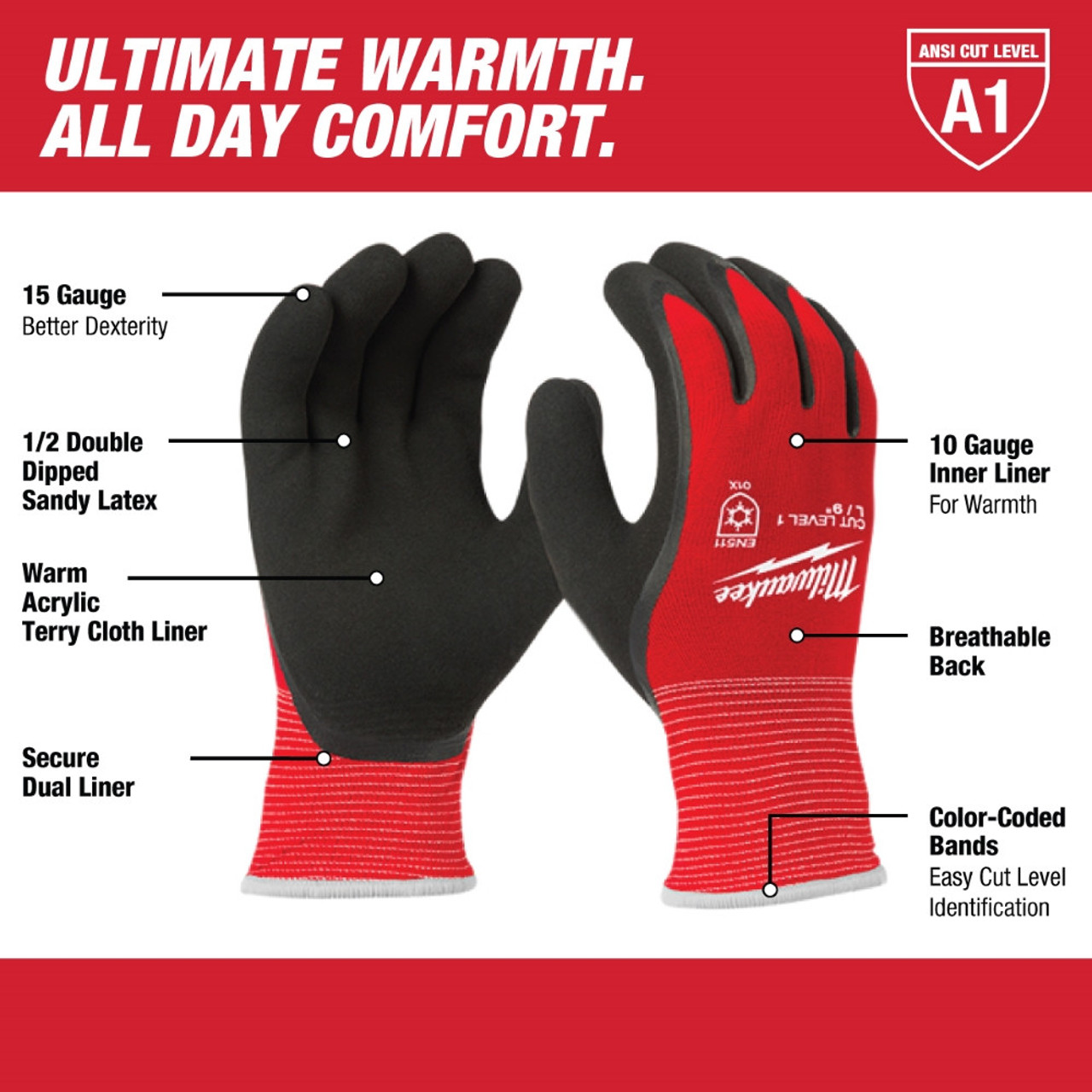 Milwaukee 48-22-8912 Red Latex Insulated Winter Dipped Work Gloves - Large