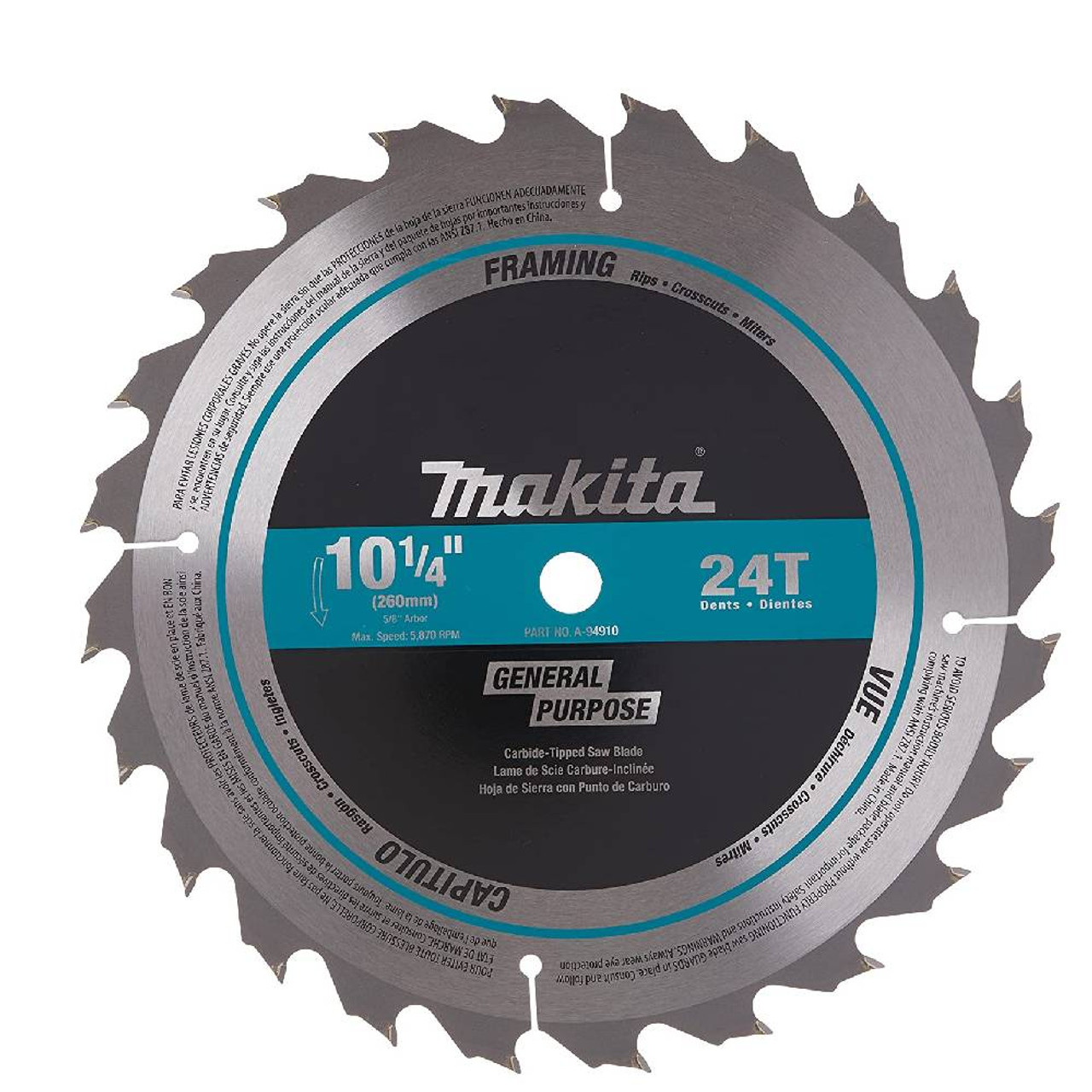 Makita A-94910 10-1/4 Inch 24T Carbide‑Tipped Circular Saw Blade