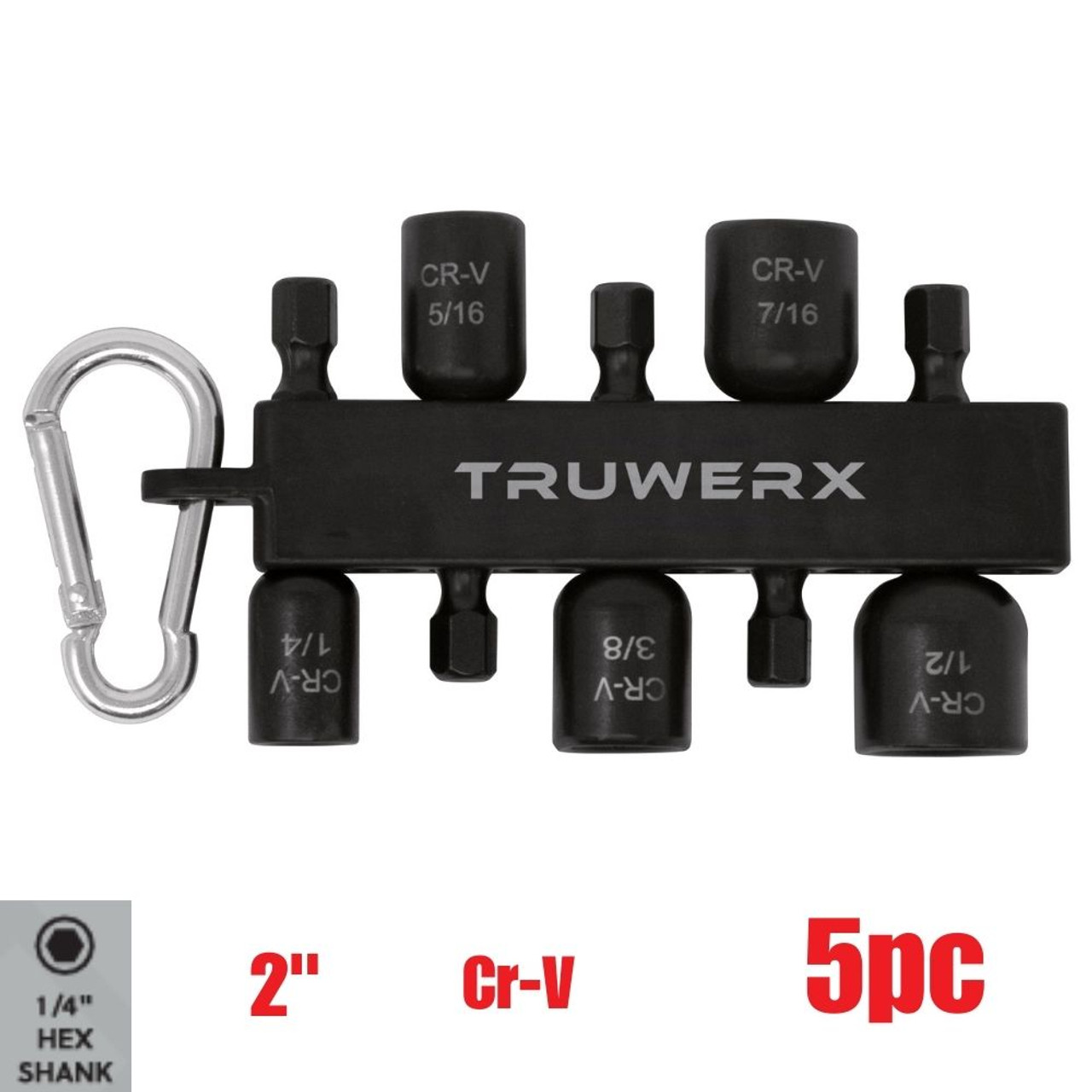 Truwerx 51008 5pc 2-Inch Magnetic Nut Setter Set with Carabiner