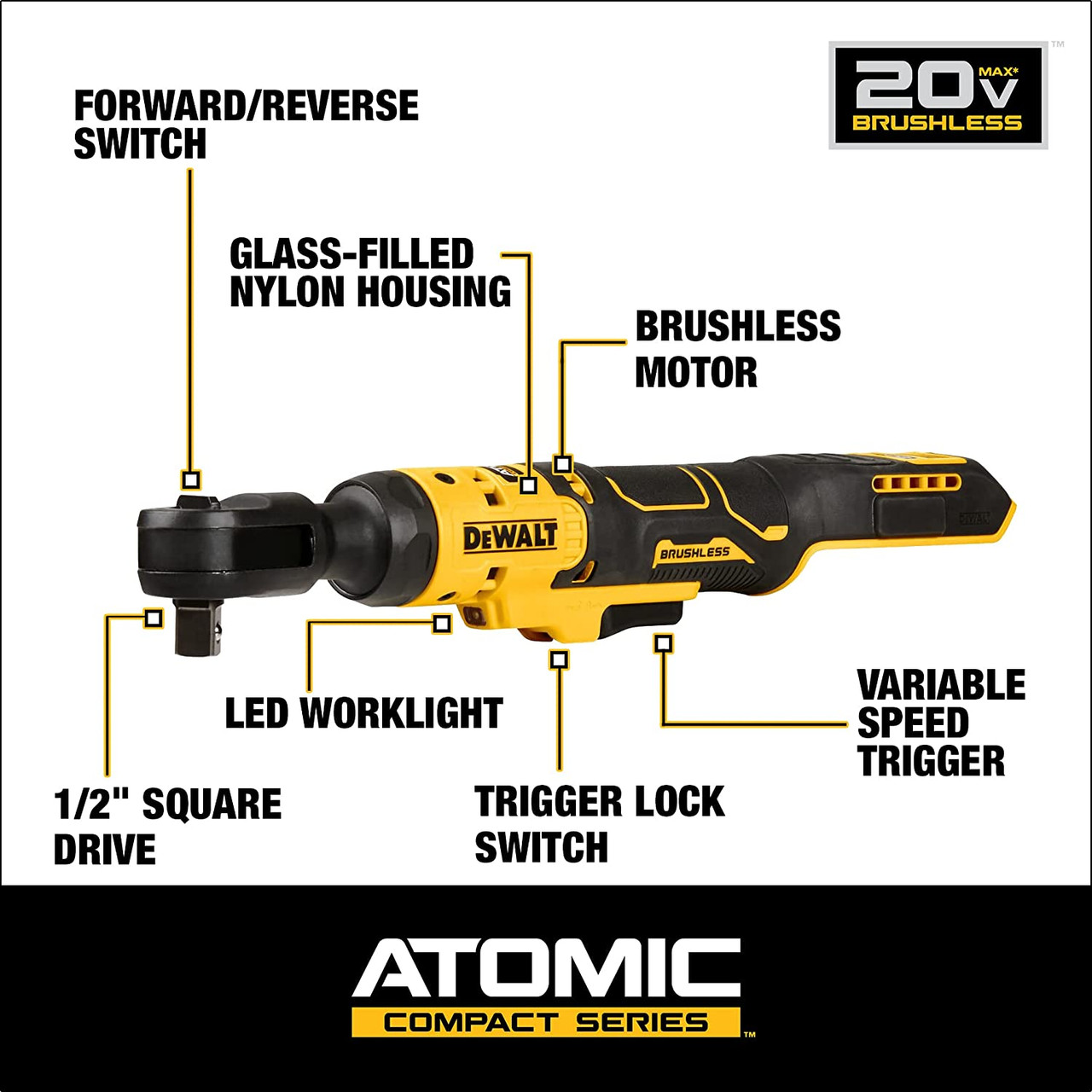 DeWalt DCF512B 20V MAX ATOMIC Brushless Cordless 1/2 Inch Ratchet (Tool Only)