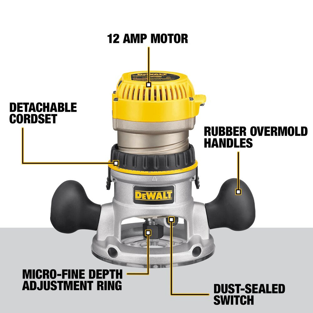 DeWalt DW618PK 2-1/4 HP EVS Fixed Base / Plunge Router Combo Kit with Soft Start