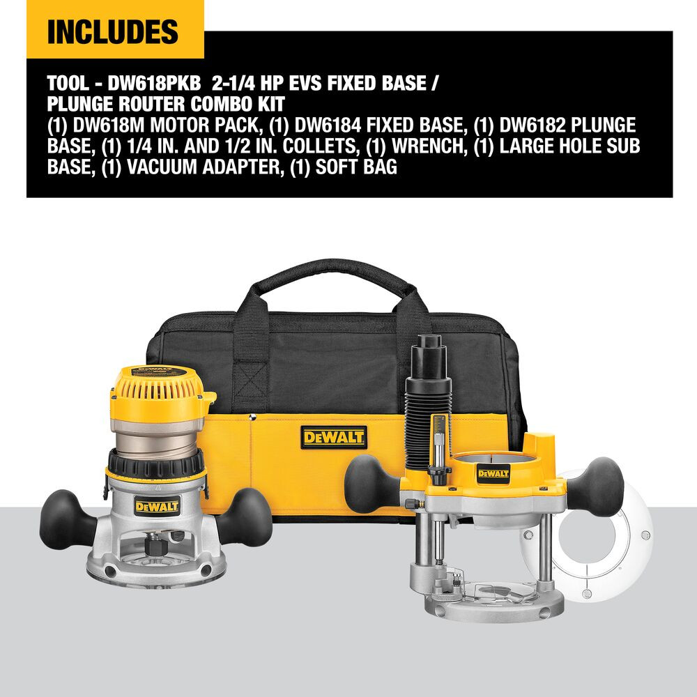 DeWalt DW618PK 2-1/4 HP EVS Fixed Base / Plunge Router Combo Kit with Soft Start