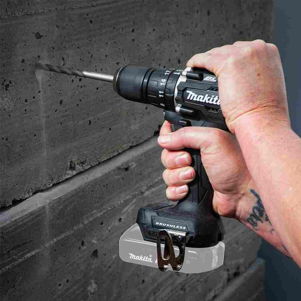 Makita DDF487ZB 18V 1/2 inch Brushless Sub-Compact Drill/Driver (Tool Only) drilling into a wall tile horizontally