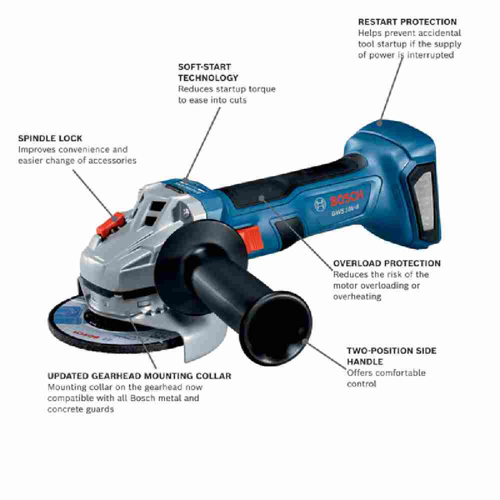 Bosch GWS18V-8N 18V 4 1/2 inch Angle Grinder with Slide Switch information picture