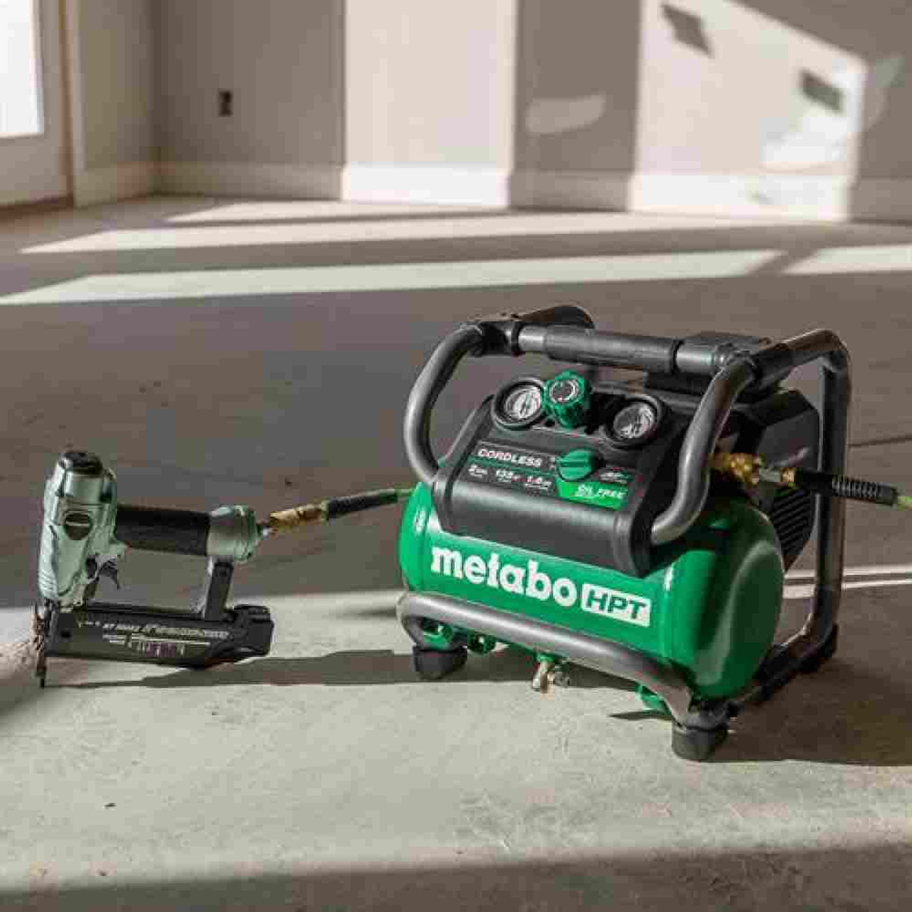 Metabo HPT EC36DAQ4 36V MultiVolt 2 Gallon Cordless Air Compressor with brad nailer and hose connector Metabo HPT EC36DAQ4 36V MultiVolt 2 Gallon Cordless Air Compressor with brad nailer and hose connector