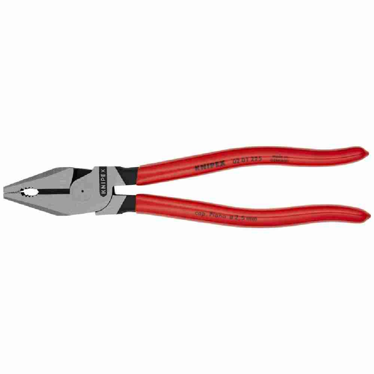 Knipex 9 inch High Leverage Combination Pliers looking straight on at the pliers Knipex 9 inch High Leverage Combination Pliers looking straight on at the pliers