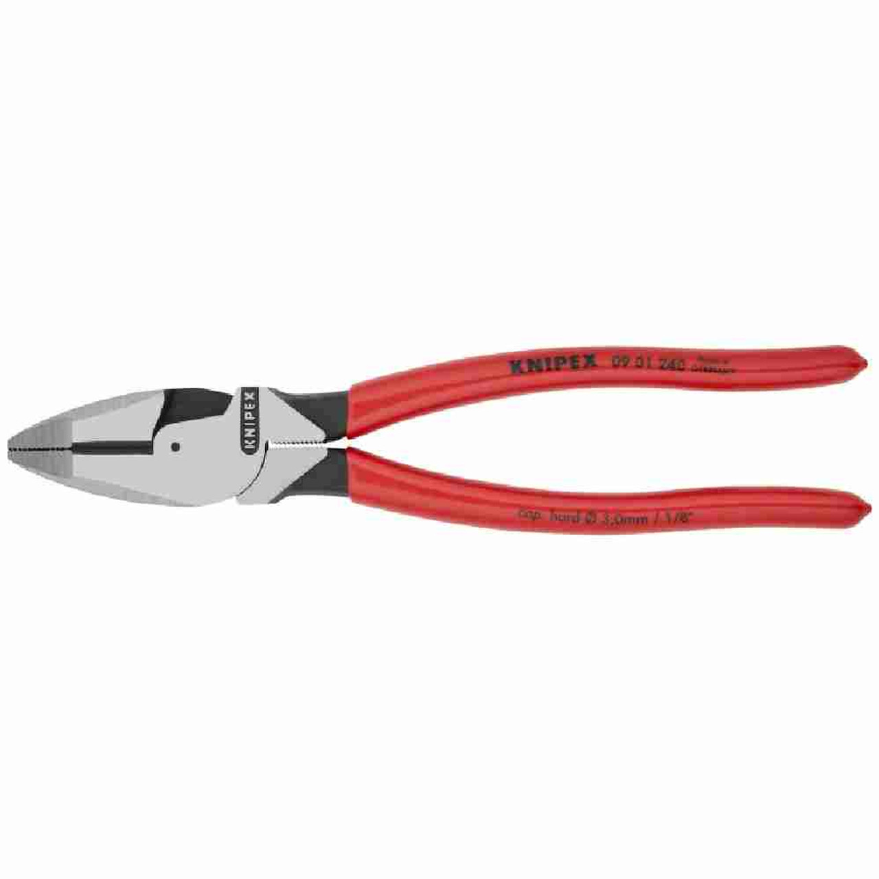 Knipex 9-1/2 inch High Leverage Combination Pliers looking straight on at the pliers Knipex 9-1/2 inch High Leverage Combination Pliers looking straight on at the pliers