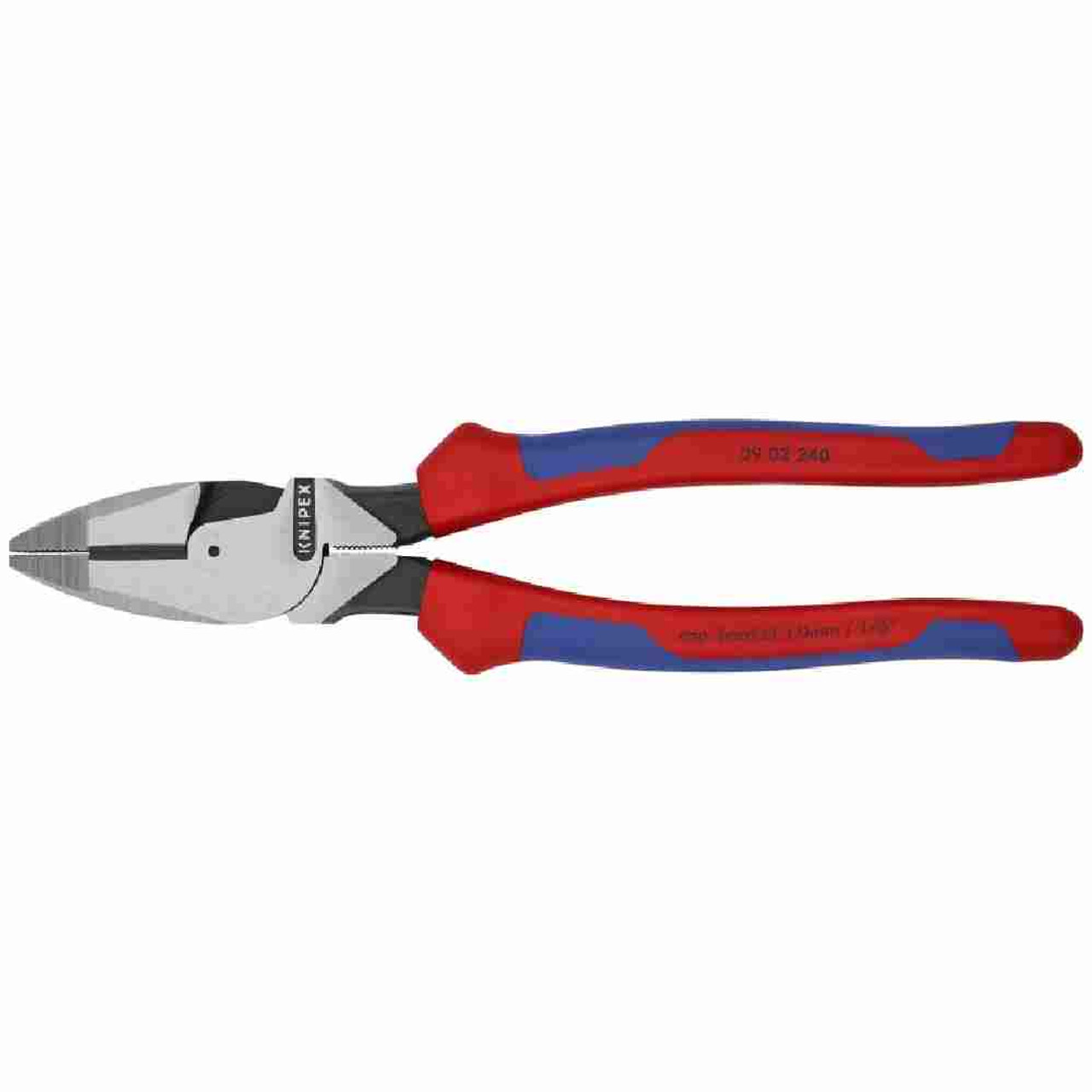 Knipex 9-1/2 inch High Leverage Comfort Combination Pliers looking straight on at the pliers Knipex 9-1/2 inch High Leverage Comfort Combination Pliers looking straight on at the pliers