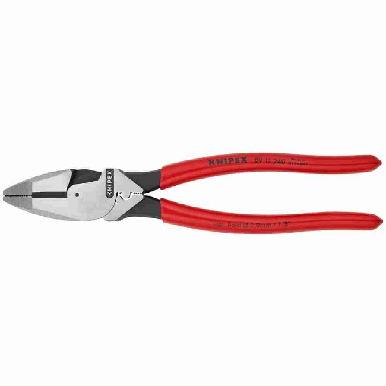 Knipex 9-1/2 inch Ultra High Leverage Lineman foots Pliers with Crimper looking straight on at the pliers Knipex 9-1/2 inch Ultra High Leverage Lineman foots Pliers with Crimper looking straight on at the pliers