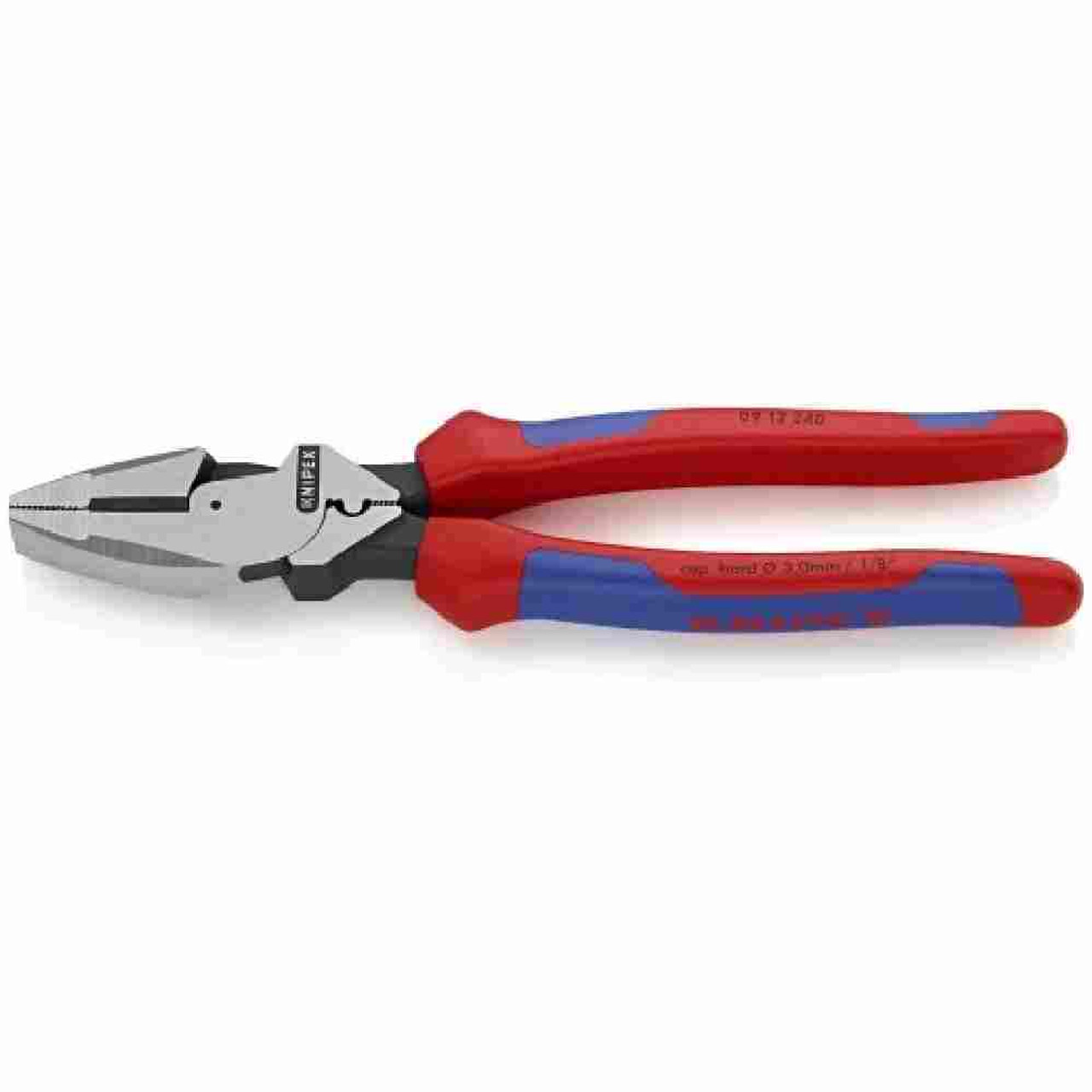 Knipex 9-1/2 inch Ultra High Leverage Comfort Lineman foots Pliers with Crimper looking at pliers on slight angle Knipex 9-1/2 inch Ultra High Leverage Comfort Lineman foots Pliers with Crimper looking at pliers on slight angle