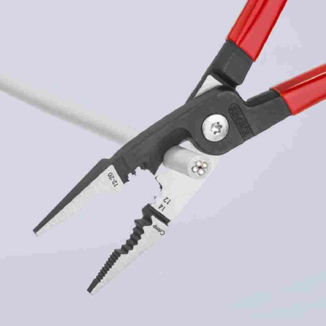 Knipex 8 inch Electrical Installation 6-in-1 Pliers showing cutting electrical wire Knipex 8 inch Electrical Installation 6-in-1 Pliers showing cutting electrical wire